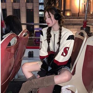 Black & cream leather biker jacket